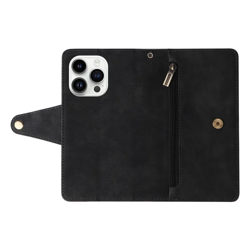 Для iPhone 15 Pro Anti-Scratch PU Leather Wallet Rivet Decor Case Stand Phone Cover with Strap - Black