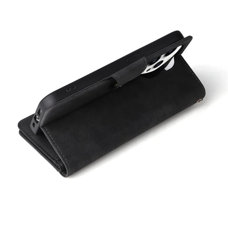 Для iPhone 15 Pro Anti-Scratch PU Leather Wallet Rivet Decor Case Stand Phone Cover with Strap - Black