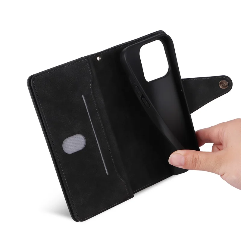 Для iPhone 15 Pro Anti-Scratch PU Leather Wallet Rivet Decor Case Stand Phone Cover with Strap - Black