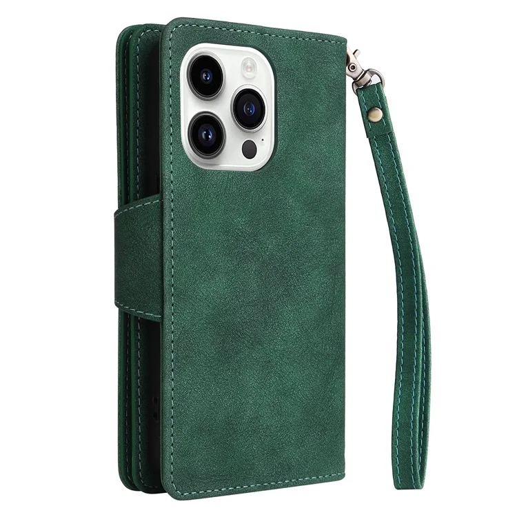 For iPhone 15 Pro Max Shockproof Phone Cover Rivet Decor PU Leather Case Stand Phone Shell Wallet - Green