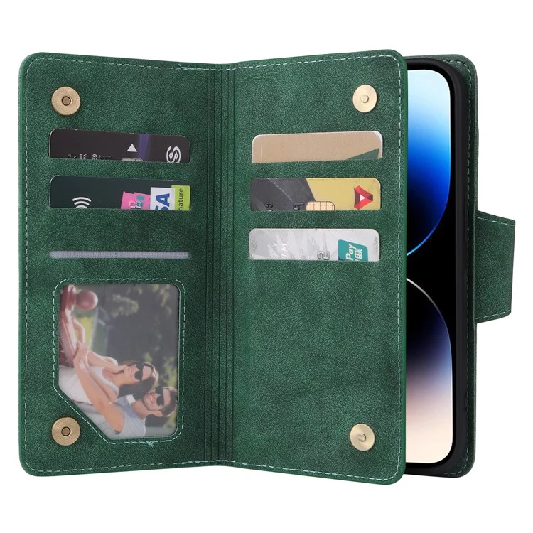 For iPhone 15 Pro Max Shockproof Phone Cover Rivet Decor PU Leather Case Stand Phone Shell Wallet - Green