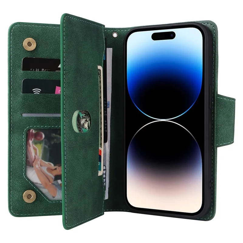 For iPhone 15 Pro Max Shockproof Phone Cover Rivet Decor PU Leather Case Stand Phone Shell Wallet - Green