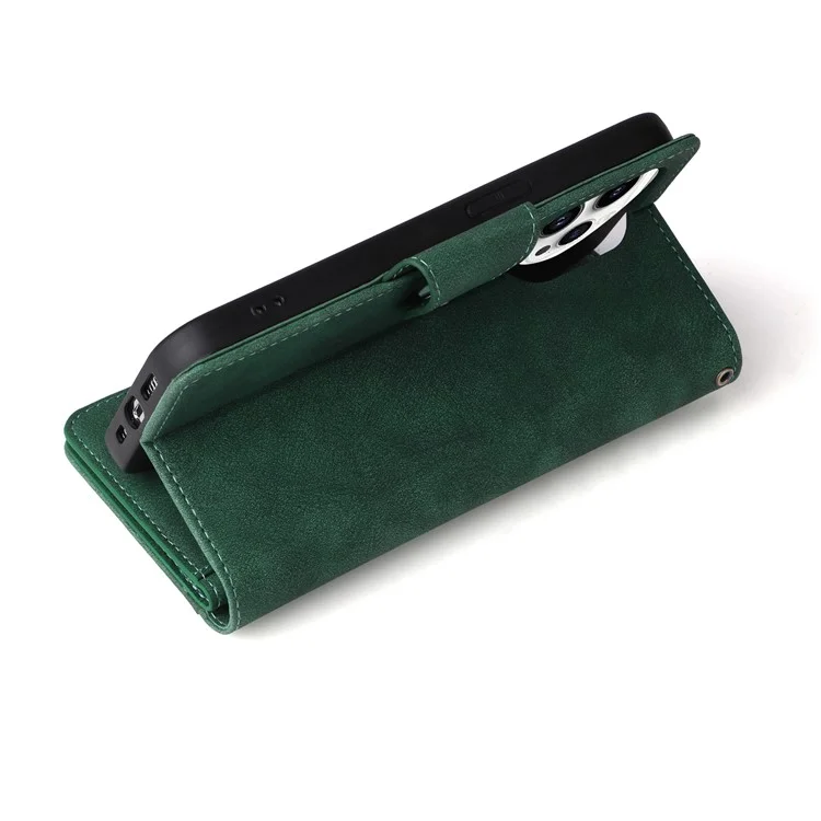 For iPhone 15 Pro Max Shockproof Phone Cover Rivet Decor PU Leather Case Stand Phone Shell Wallet - Green