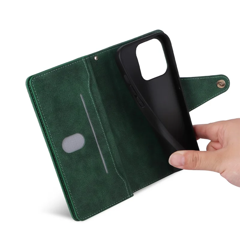 For iPhone 15 Pro Max Shockproof Phone Cover Rivet Decor PU Leather Case Stand Phone Shell Wallet - Green