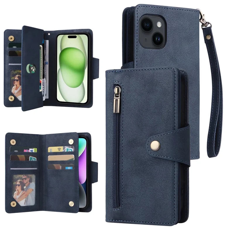 For iPhone 15 Plus Wallet Rivet Decor PU Leather Case Stand Phone Cover - Blue