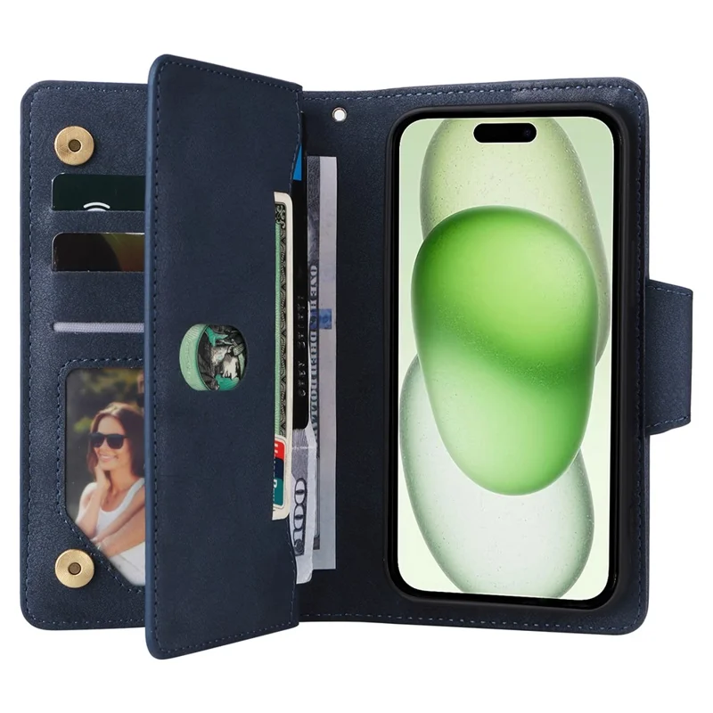 For iPhone 15 Plus Wallet Rivet Decor PU Leather Case Stand Phone Cover - Blue