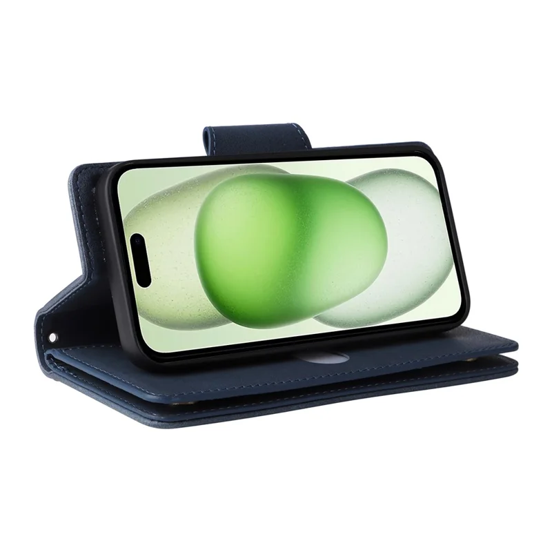 For iPhone 15 Plus Wallet Rivet Decor PU Leather Case Stand Phone Cover - Blue