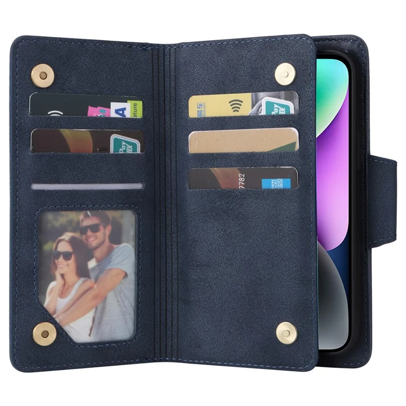 For iPhone 15 Plus Wallet Rivet Decor PU Leather Case Stand Phone Cover - Blue