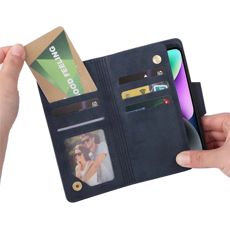 For iPhone 15 Plus Wallet Rivet Decor PU Leather Case Stand Phone Cover - Blue