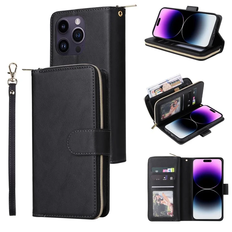 For iPhone 15 Pro Max Phone Stand Case Shell Zipper Pocket TPU+PU Leather Card Slots Wallet - Black