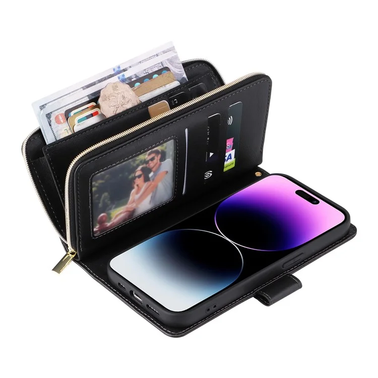 For iPhone 15 Pro Max Phone Stand Case Shell Zipper Pocket TPU+PU Leather Card Slots Wallet - Black
