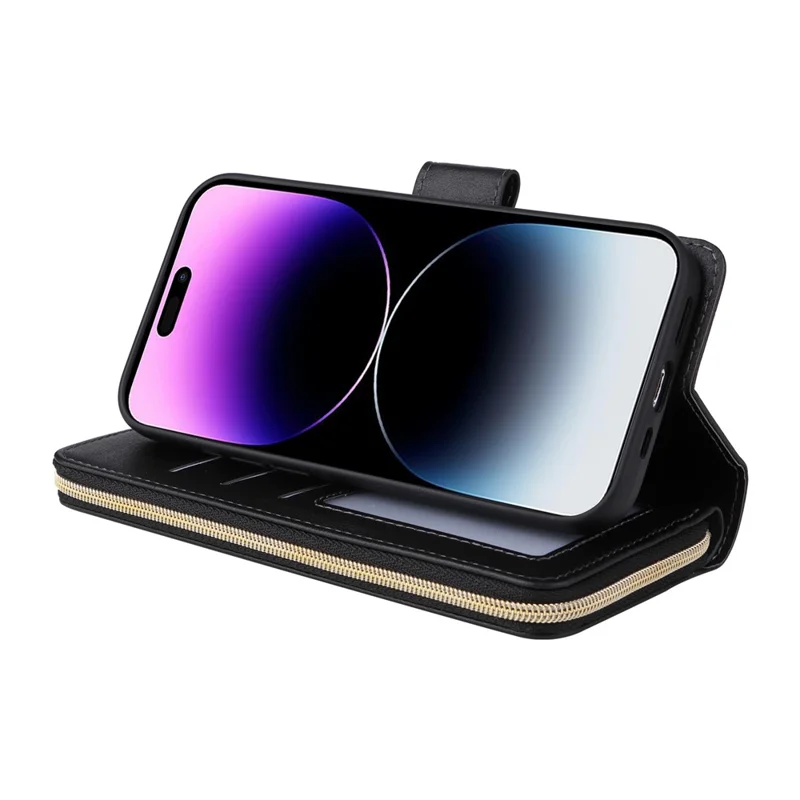 For iPhone 15 Pro Max Phone Stand Case Shell Zipper Pocket TPU+PU Leather Card Slots Wallet - Black