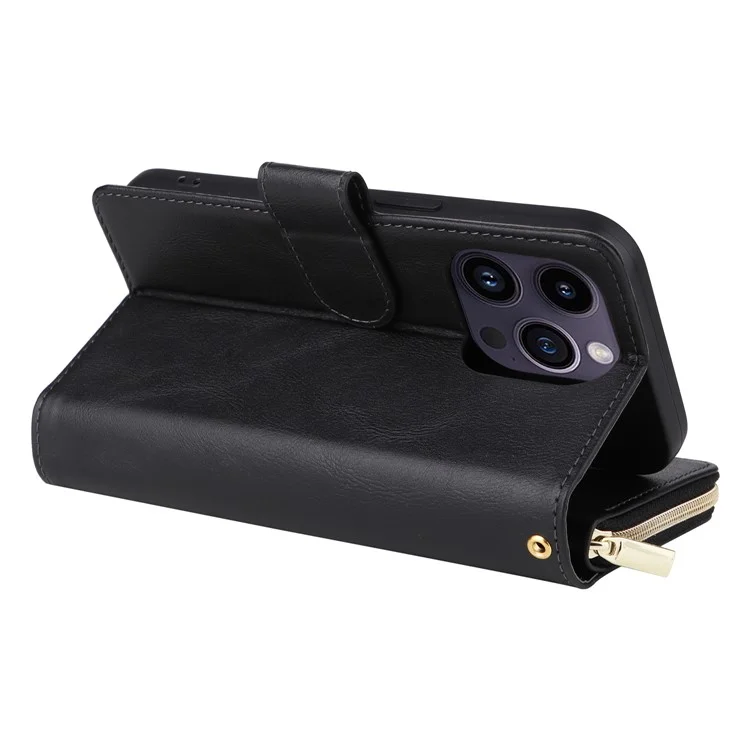 For iPhone 15 Pro Max Phone Stand Case Shell Zipper Pocket TPU+PU Leather Card Slots Wallet - Black
