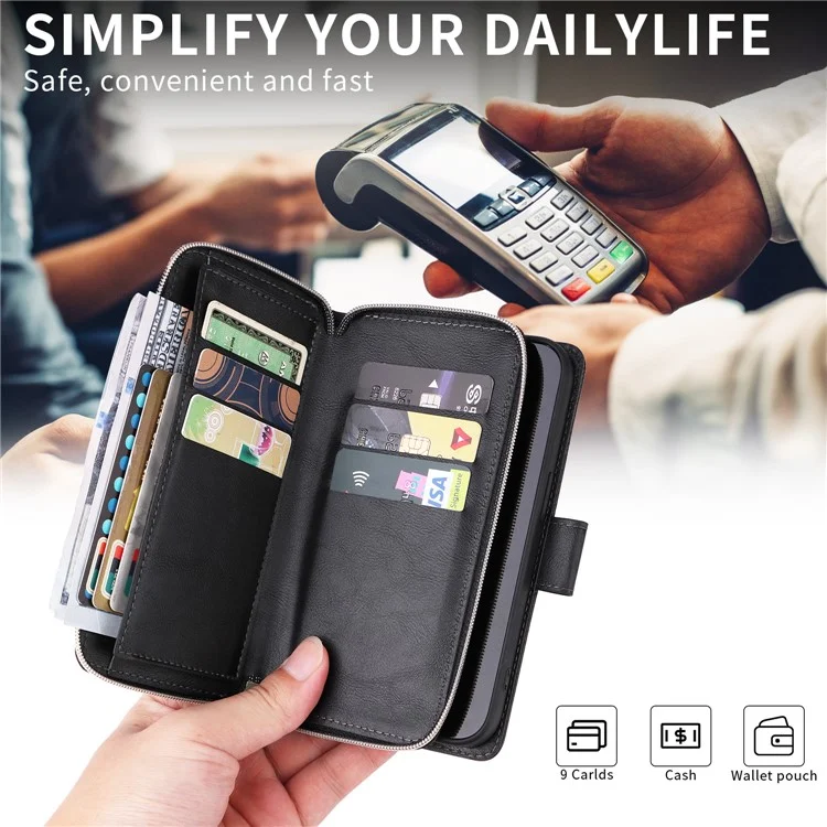 For iPhone 15 Pro Max Phone Stand Case Shell Zipper Pocket TPU+PU Leather Card Slots Wallet - Black
