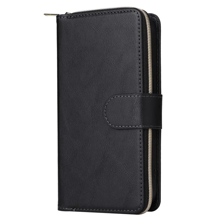 For iPhone 15 Pro Max Phone Stand Case Shell Zipper Pocket TPU+PU Leather Card Slots Wallet - Black