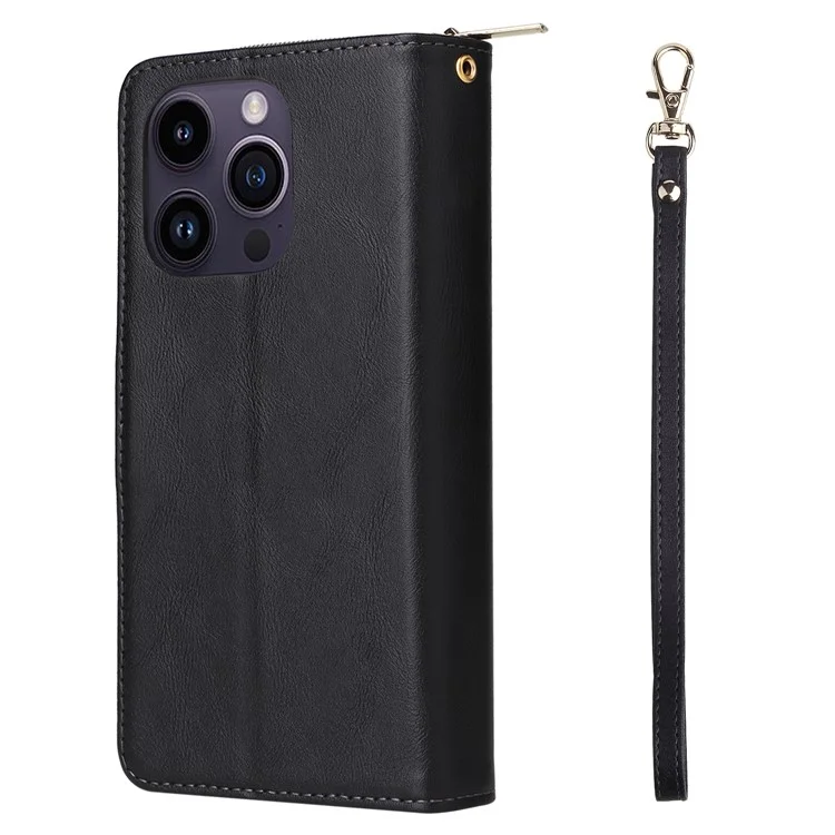 For iPhone 15 Pro Max Phone Stand Case Shell Zipper Pocket TPU+PU Leather Card Slots Wallet - Black