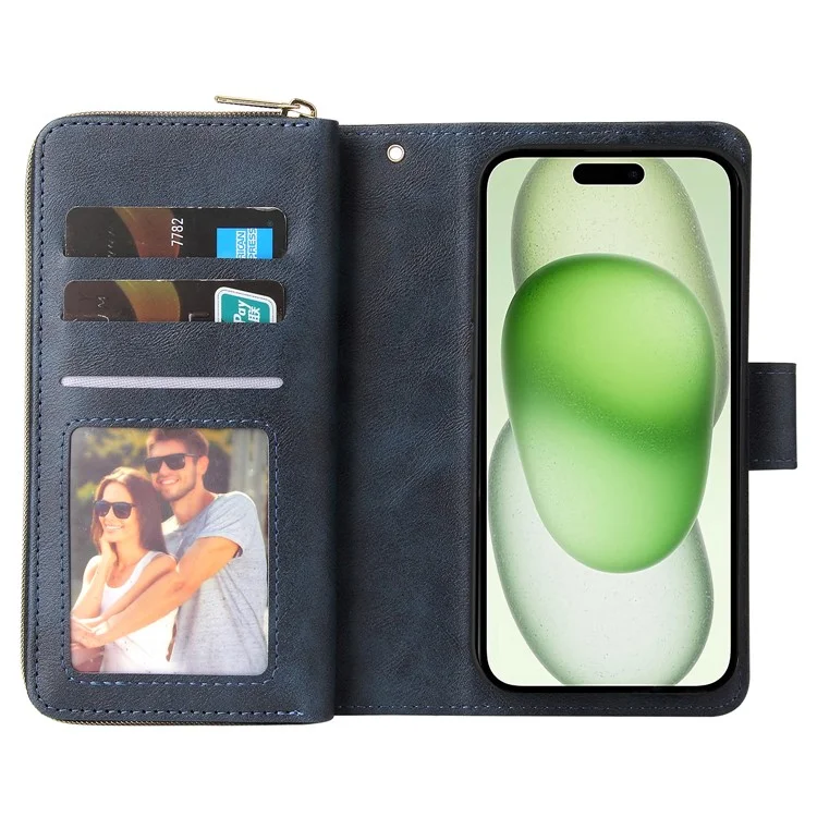 For iPhone 15 Plus Mobile Phone Stand Cover Zipper Pocket Case 9 Card Slots PU Leather Wallet - Blue