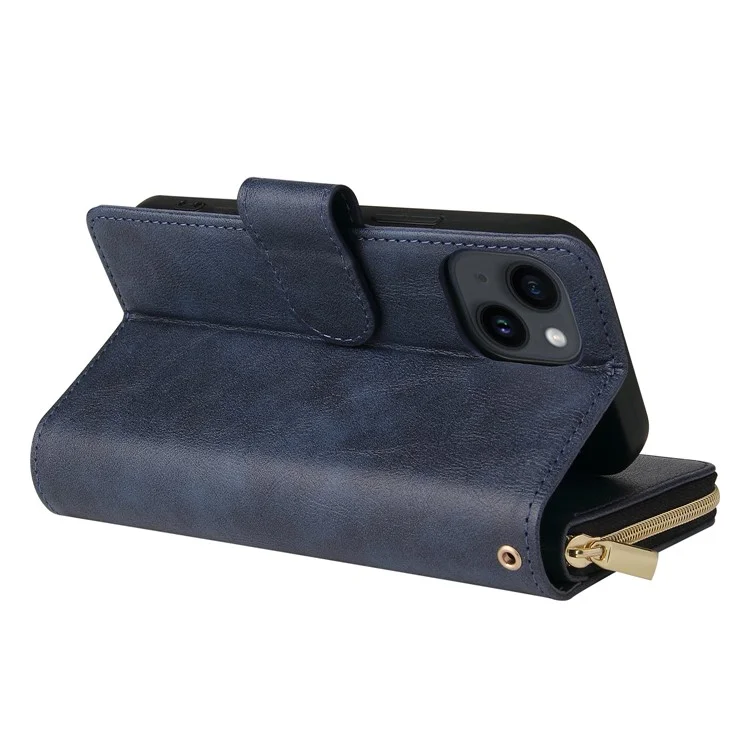 For iPhone 15 Plus Mobile Phone Stand Cover Zipper Pocket Case 9 Card Slots PU Leather Wallet - Blue
