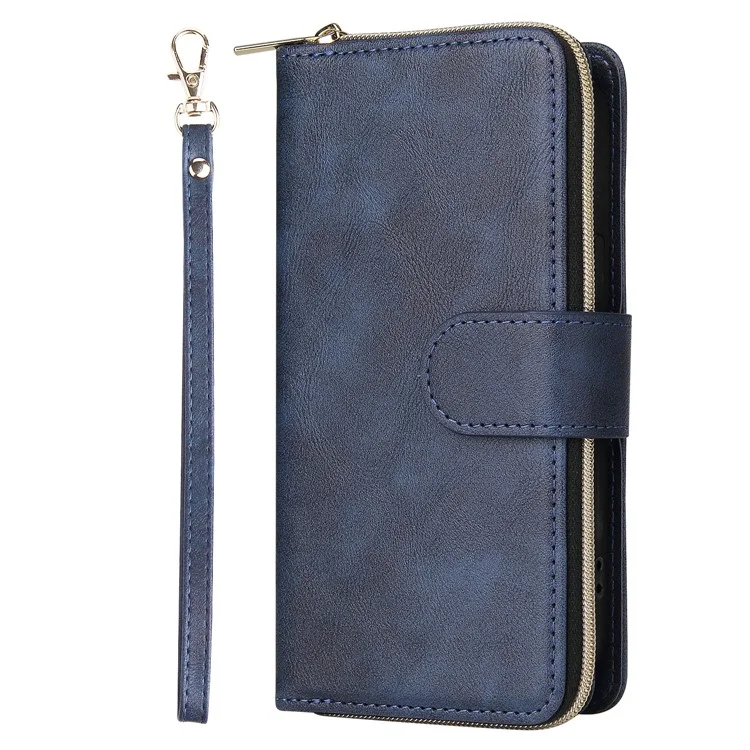 For iPhone 15 Plus Mobile Phone Stand Cover Zipper Pocket Case 9 Card Slots PU Leather Wallet - Blue