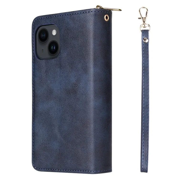 For iPhone 15 Plus Mobile Phone Stand Cover Zipper Pocket Case 9 Card Slots PU Leather Wallet - Blue