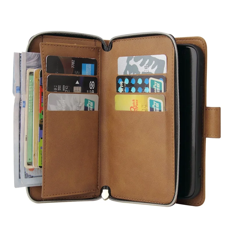 For iPhone 15 Plus Mobile Phone Stand Cover Zipper Pocket Case 9 Card Slots PU Leather Wallet - Brown