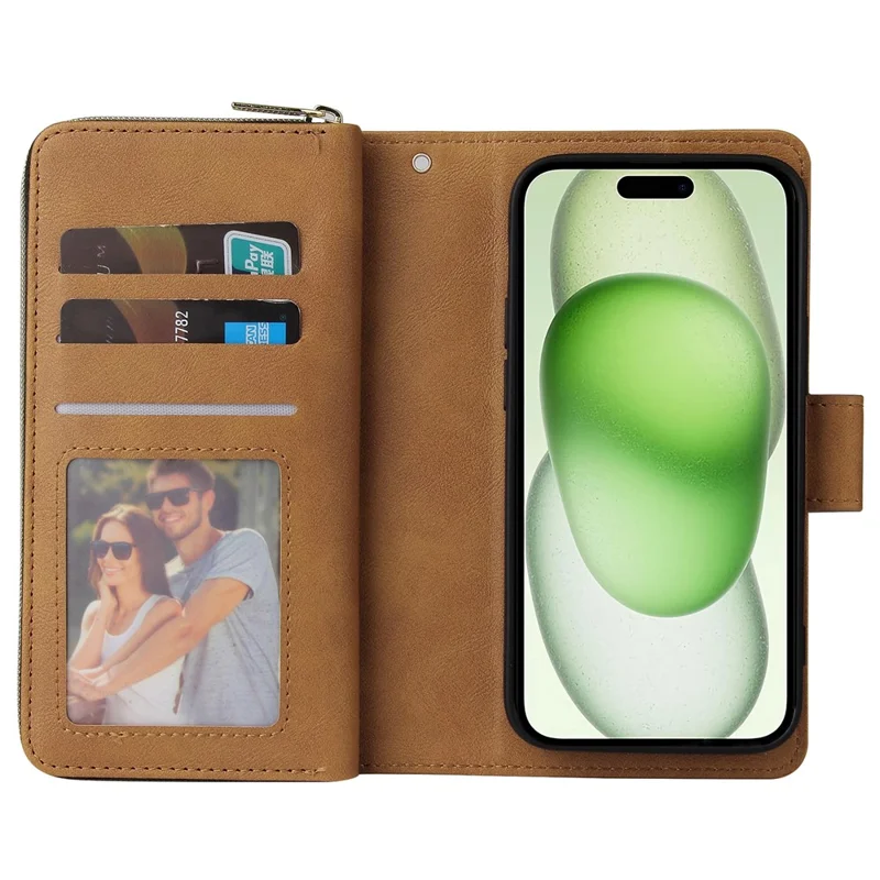 For iPhone 15 Plus Mobile Phone Stand Cover Zipper Pocket Case 9 Card Slots PU Leather Wallet - Brown