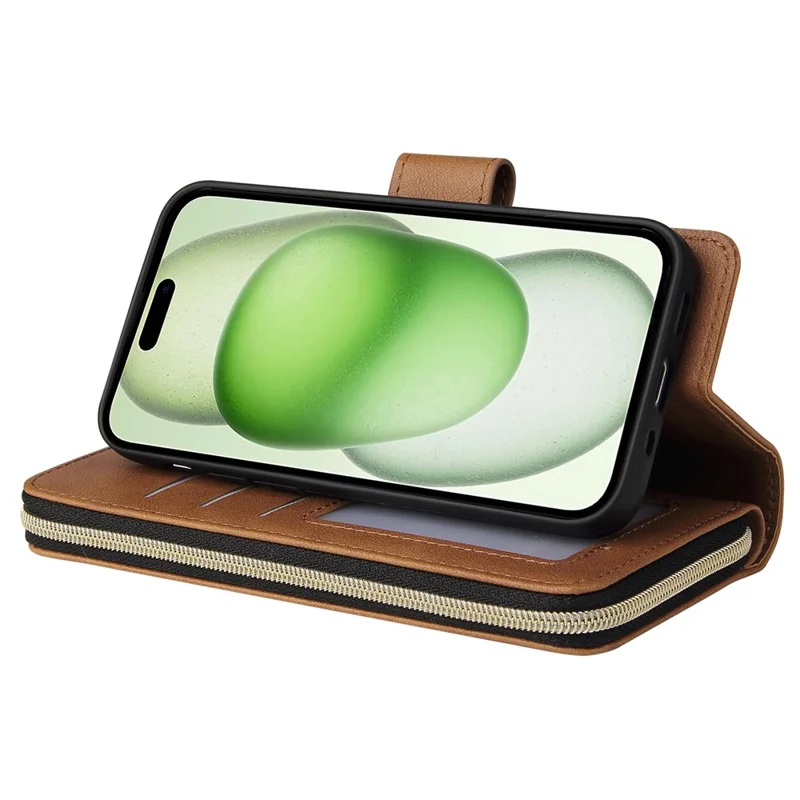 For iPhone 15 Plus Mobile Phone Stand Cover Zipper Pocket Case 9 Card Slots PU Leather Wallet - Brown