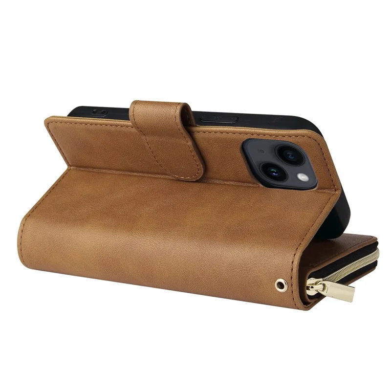 For iPhone 15 Plus Mobile Phone Stand Cover Zipper Pocket Case 9 Card Slots PU Leather Wallet - Brown