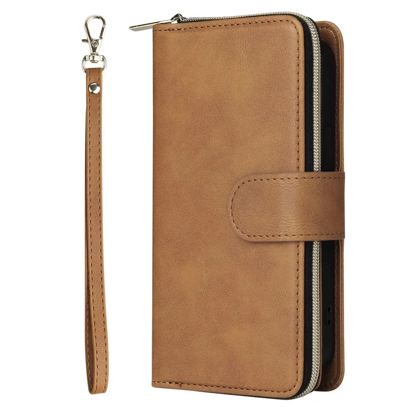 For iPhone 15 Plus Mobile Phone Stand Cover Zipper Pocket Case 9 Card Slots PU Leather Wallet - Brown