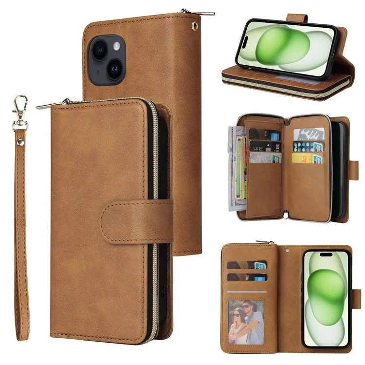 For iPhone 15 Zipper Pocket Case 9 Card Slots PU Leather Wallet Mobile Phone Stand Cover Shell - Brown