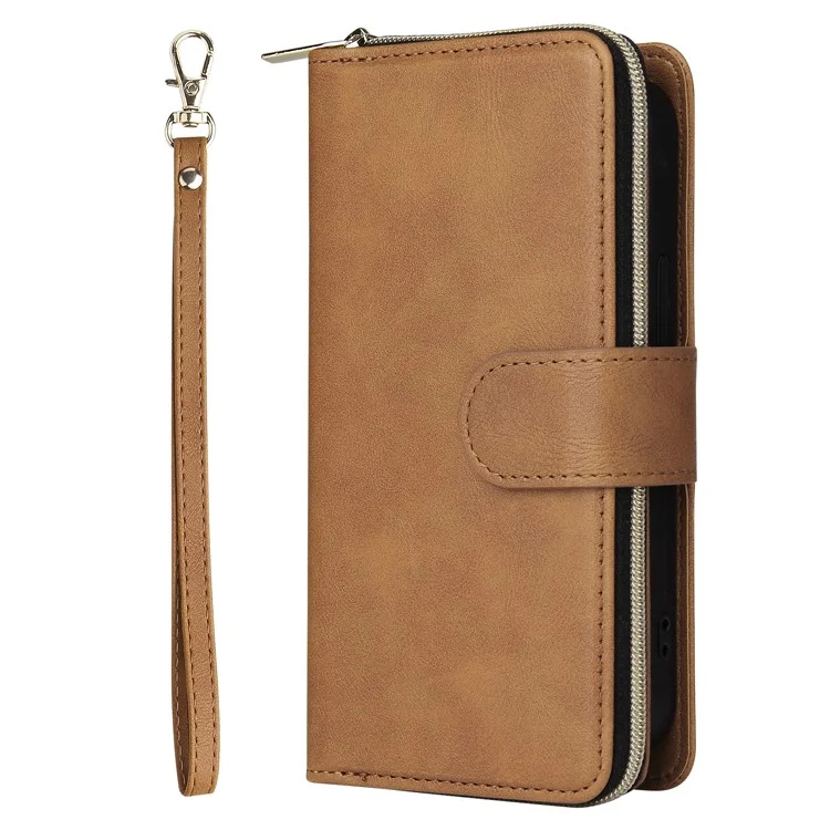 For iPhone 15 Zipper Pocket Case 9 Card Slots PU Leather Wallet Mobile Phone Stand Cover Shell - Brown