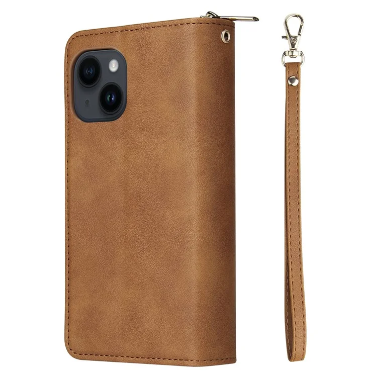 For iPhone 15 Zipper Pocket Case 9 Card Slots PU Leather Wallet Mobile Phone Stand Cover Shell - Brown