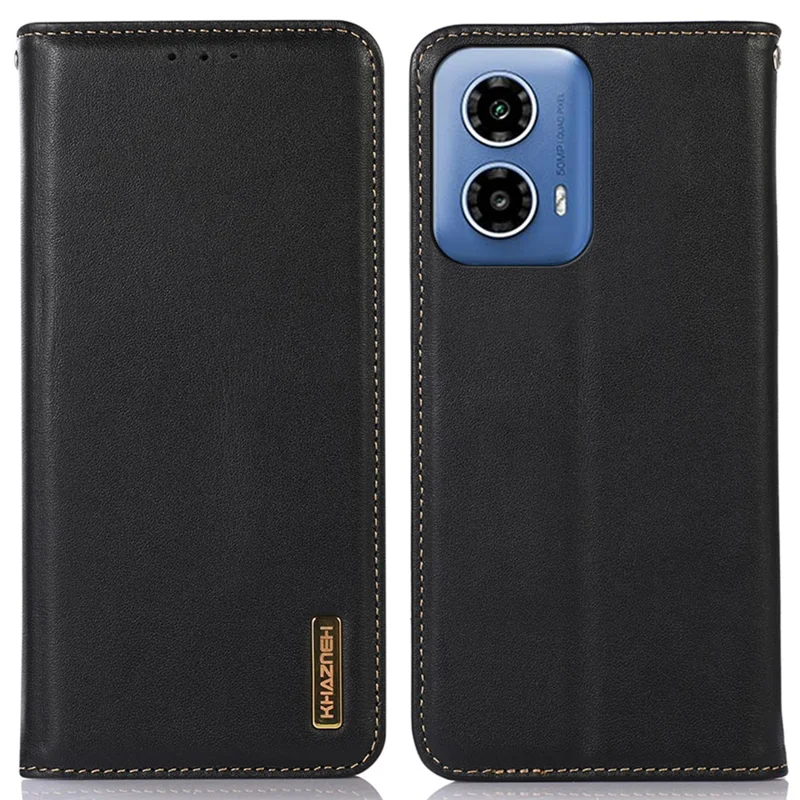 KHAZNEH For Motorola Moto G45 5G / G34 5G Case Genuine Cow Leather Phone Cover Wallet - Black