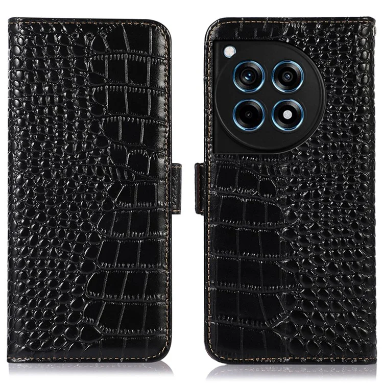 For OnePlus 12R 5G / Ace 3 5G Case RFID Blocking Genuine Cow Leather Phone Wallet Cover - Black