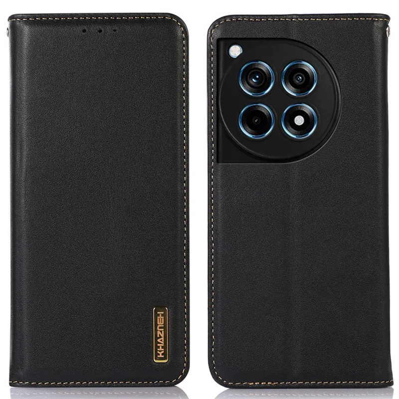 KHAZNEH For OnePlus 12R 5G / Ace 3 5G Wallet Case Genuine Cow Leather Phone Stand Cover - Black