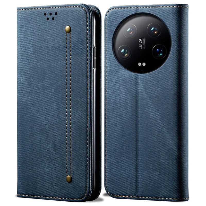 For Xiaomi 14 Ultra Cell Phone Cases Jeans Cloth Texture Leather Cover - Blue