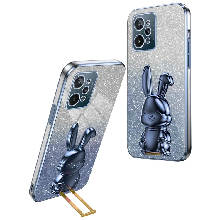 Capa para Realme C31 Glitter Powder Cartoon Rabbit Cell Phone Case com Suporte Kickstand - Azul