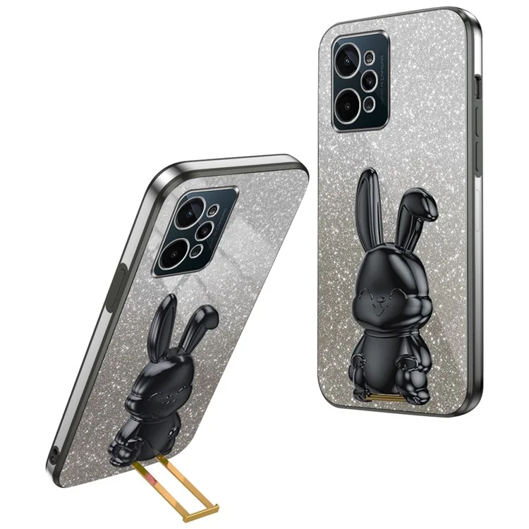 For Realme C31 Cover Glitter Powder Cartoon Rabbit Cell Phone Case with Support Kickstand - Black