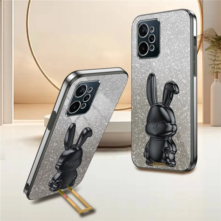 For Realme C31 Cover Glitter Powder Cartoon Rabbit Cell Phone Case with Support Kickstand - Black