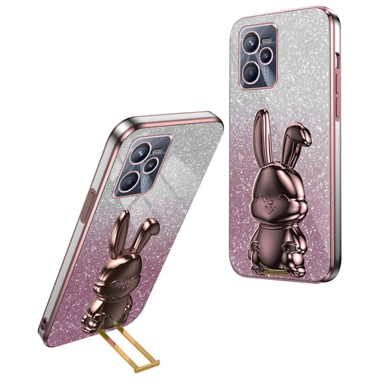 Protection Cover for Realme C35 4G PC+TPU Cartoon Rabbit Phone Case with Pull-out Kickstand - Pink