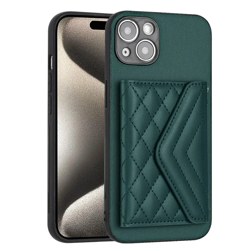 YB Leather Coating Series-8 Phone Case for iPhone 15 RFID Blocking Card Holder Protective Cover - Green
