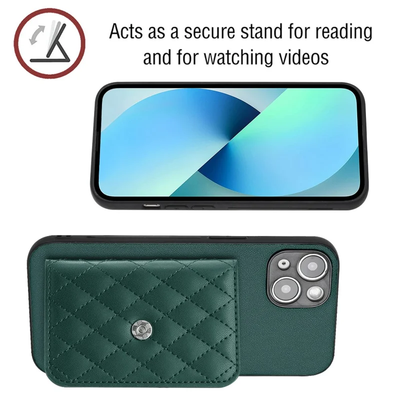 YB Leather Coating Series-8 Phone Case for iPhone 15 RFID Blocking Card Holder Protective Cover - Green