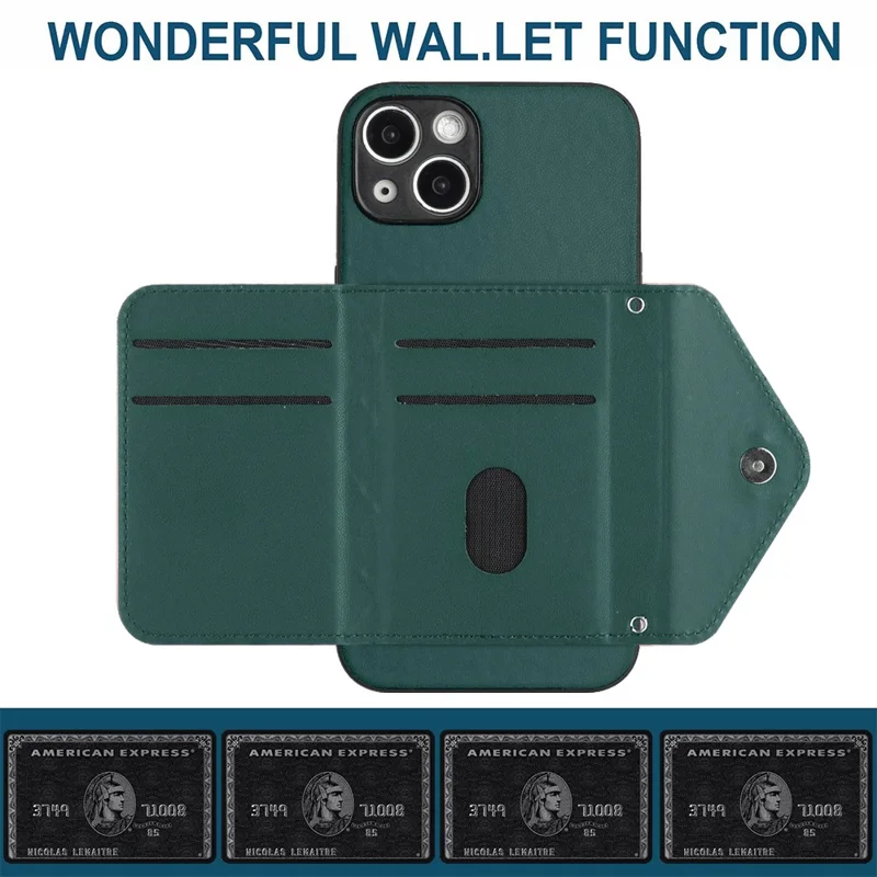 YB Leather Coating Series-8 Phone Case for iPhone 15 RFID Blocking Card Holder Protective Cover - Green