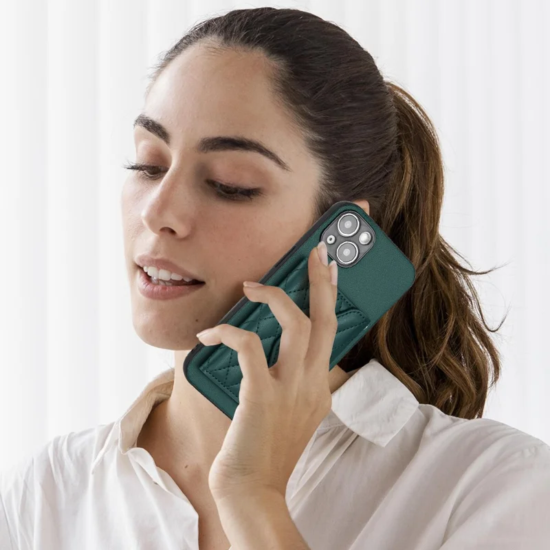 YB Leather Coating Series-8 Phone Case for iPhone 15 RFID Blocking Card Holder Protective Cover - Green