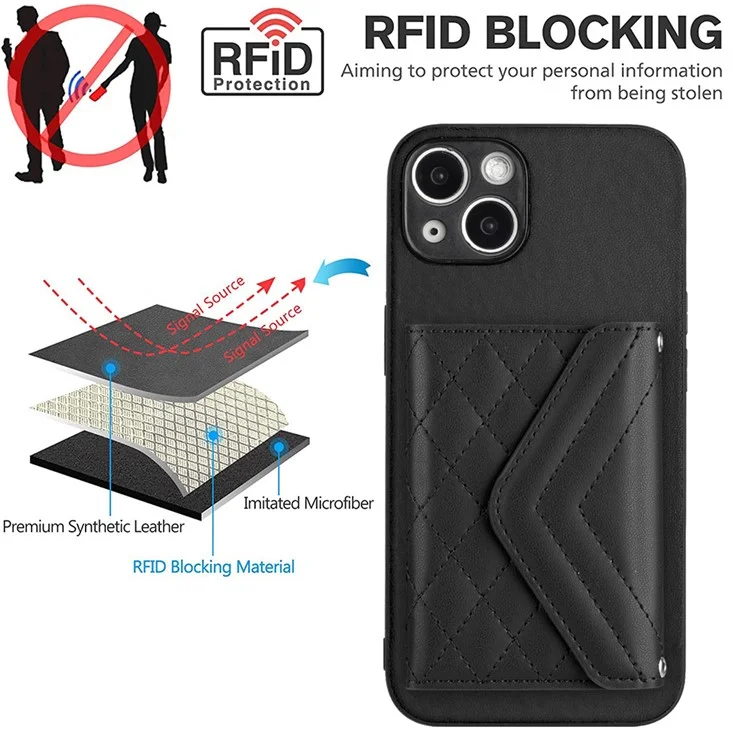 YB Leather Coating Series-8 Phone Case for iPhone 15 RFID Blocking Card Holder Protective Cover - Black