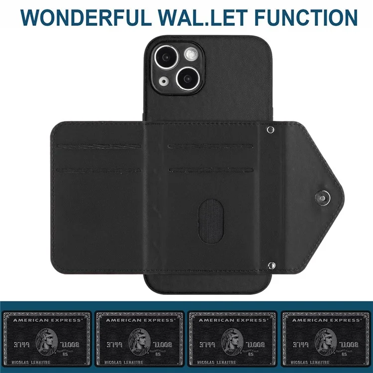 YB Leather Coating Series-8 Phone Case for iPhone 15 RFID Blocking Card Holder Protective Cover - Black