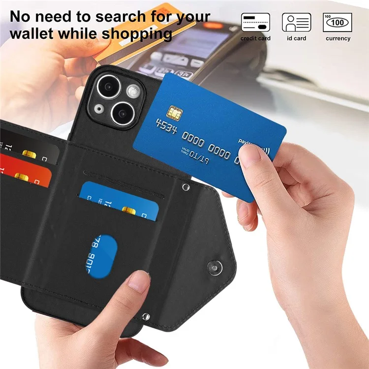 YB Leather Coating Series-8 Phone Case for iPhone 15 RFID Blocking Card Holder Protective Cover - Black