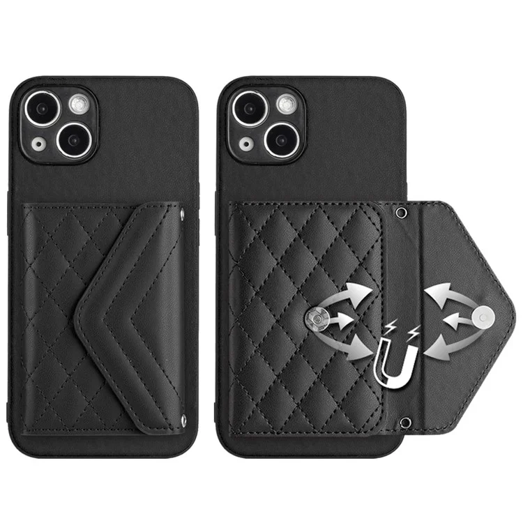 YB Leather Coating Series-8 Phone Case for iPhone 15 RFID Blocking Card Holder Protective Cover - Black