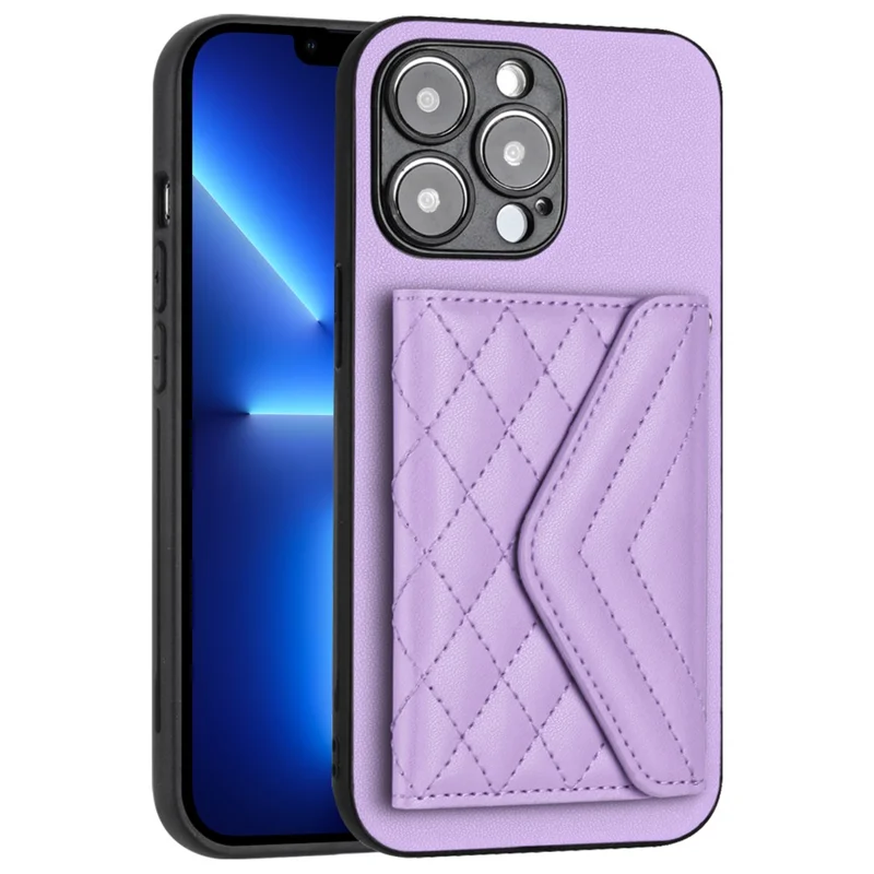 YB Leather Coating Series-8 For iPhone 13 Pro Max 6.7 inch Case Card Holder Kickstand Cell Phone Cover - Purple