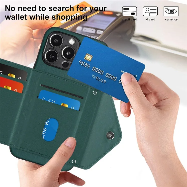 YB Lederüberzug-Serie-8 für iPhone 14 Pro Case Card Holder Drop-proof Leder+TPU Handyhülle - Grün